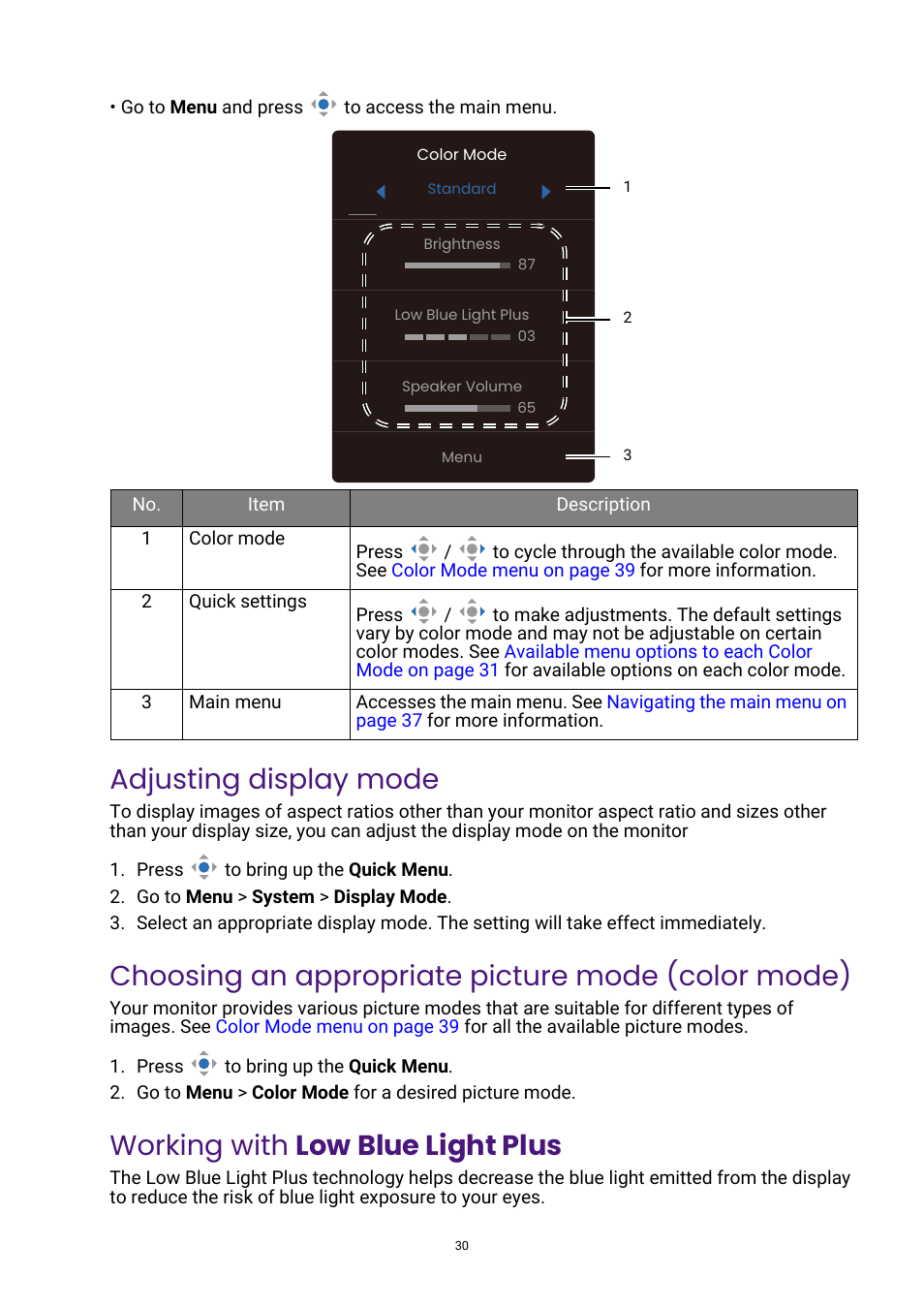 Adjusting display mode, Choosing an appropriate picture mode (color mode), Working with low blue light plus | BenQ GW3290QT 31.5" 1440p Ergonomic Eye-Care Professional Monitor (White) User Manual | Page 30 / 53