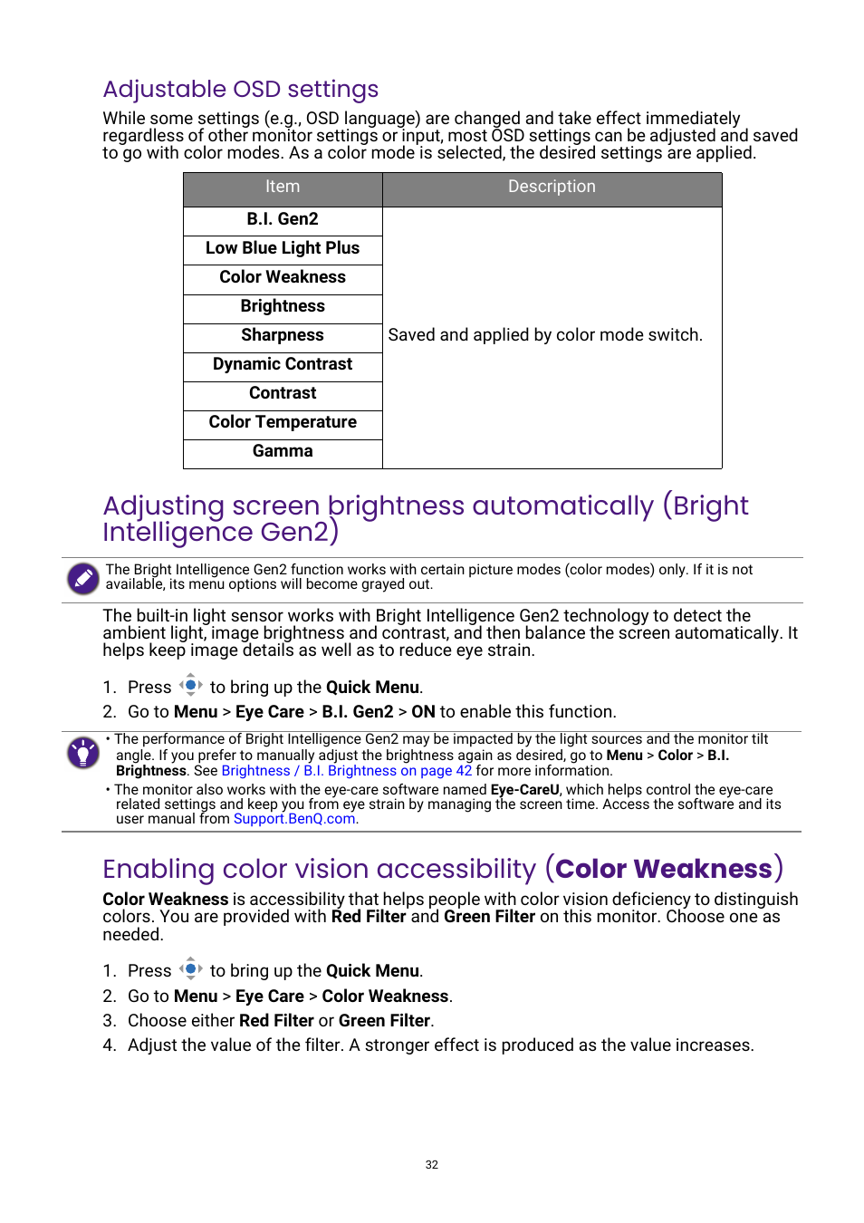 Color weakness, Adjustable osd settings | BenQ GW3290QT 31.5" 1440p Ergonomic Eye-Care Professional Monitor (White) User Manual | Page 32 / 53