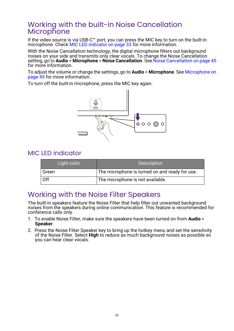 Working with the noise filter speakers, Mic led indicator | BenQ GW3290QT 31.5" 1440p Ergonomic Eye-Care Professional Monitor (White) User Manual | Page 33 / 53