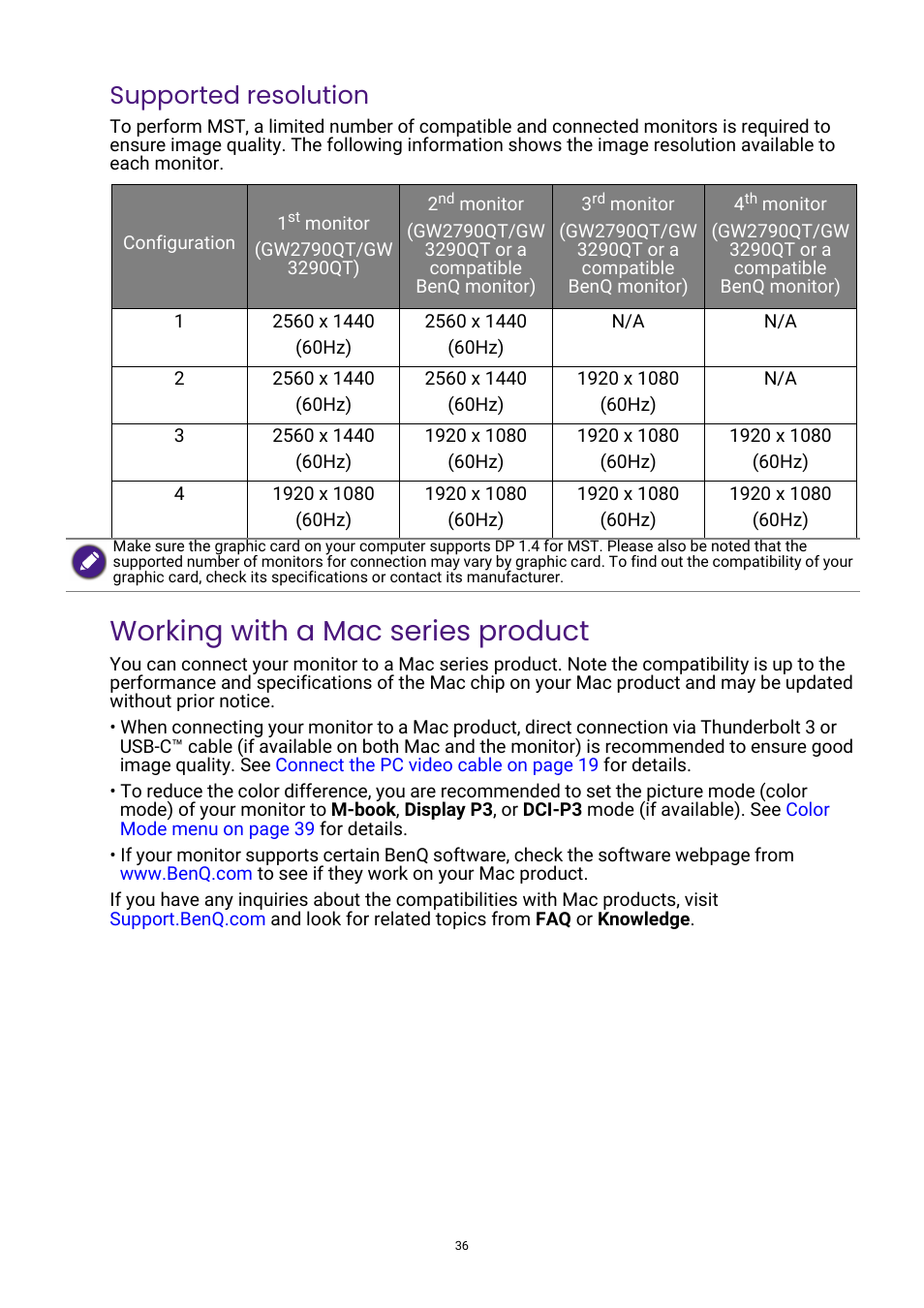 Working with a mac series product, Supported resolution | BenQ GW3290QT 31.5" 1440p Ergonomic Eye-Care Professional Monitor (White) User Manual | Page 36 / 53