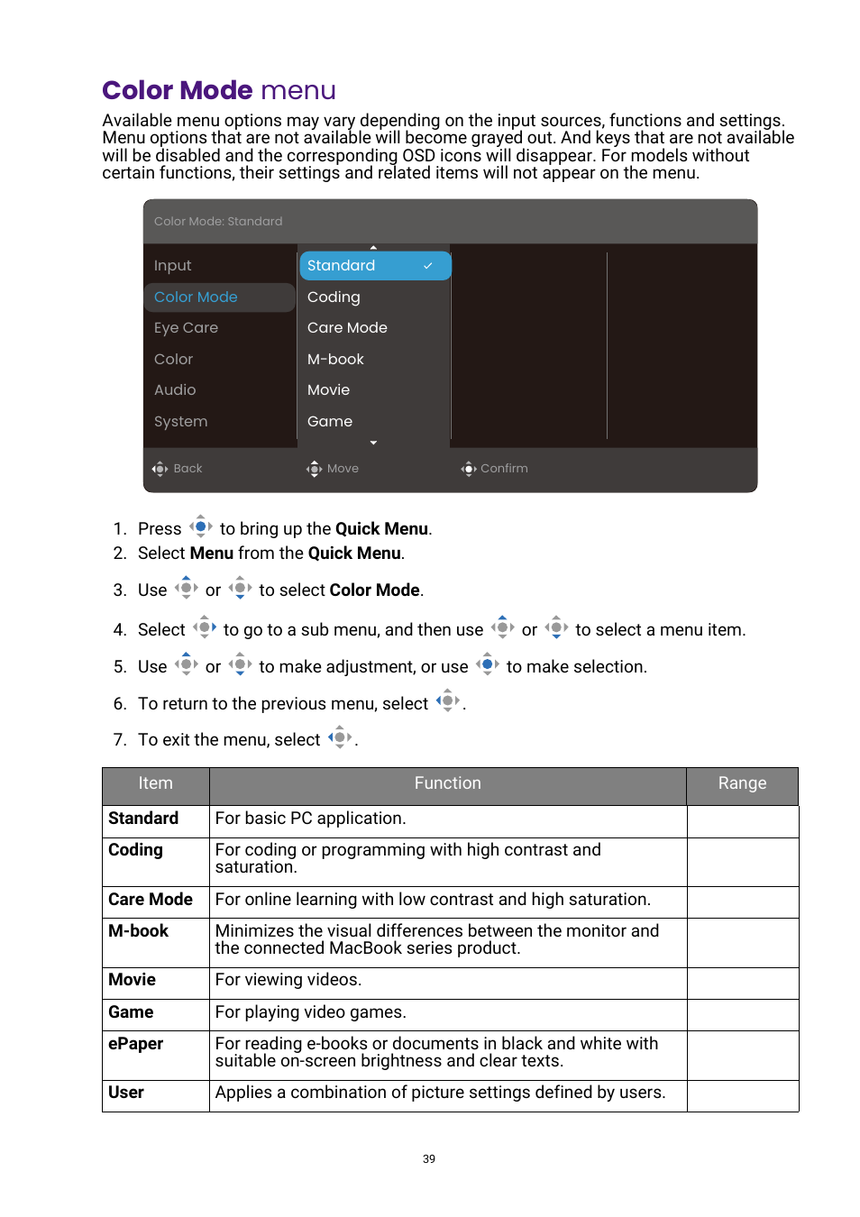 Color mode menu, Color mode, Menu | For all the av, Color | BenQ GW3290QT 31.5" 1440p Ergonomic Eye-Care Professional Monitor (White) User Manual | Page 39 / 53