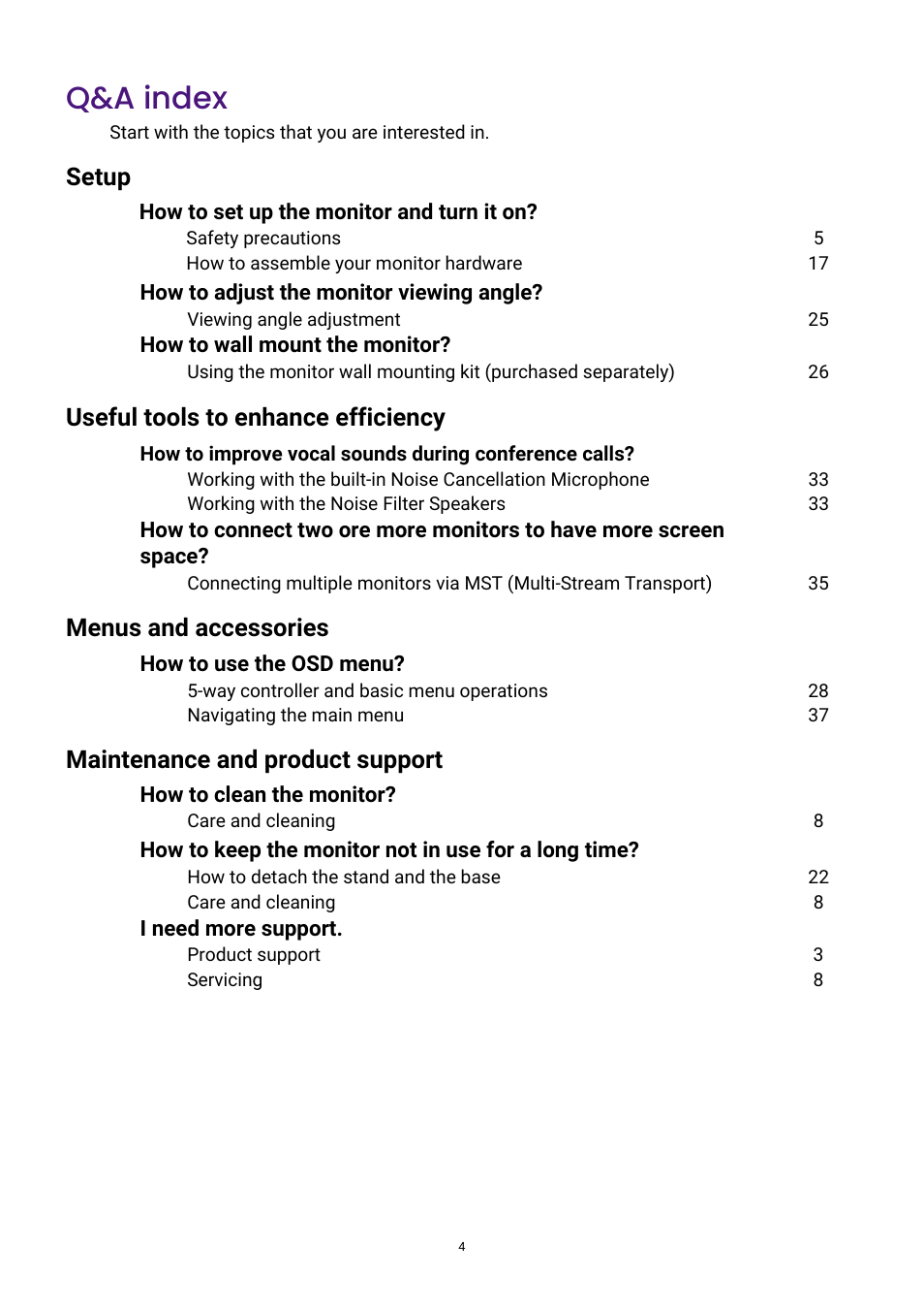 Q&a index | BenQ GW3290QT 31.5" 1440p Ergonomic Eye-Care Professional Monitor (White) User Manual | Page 4 / 53