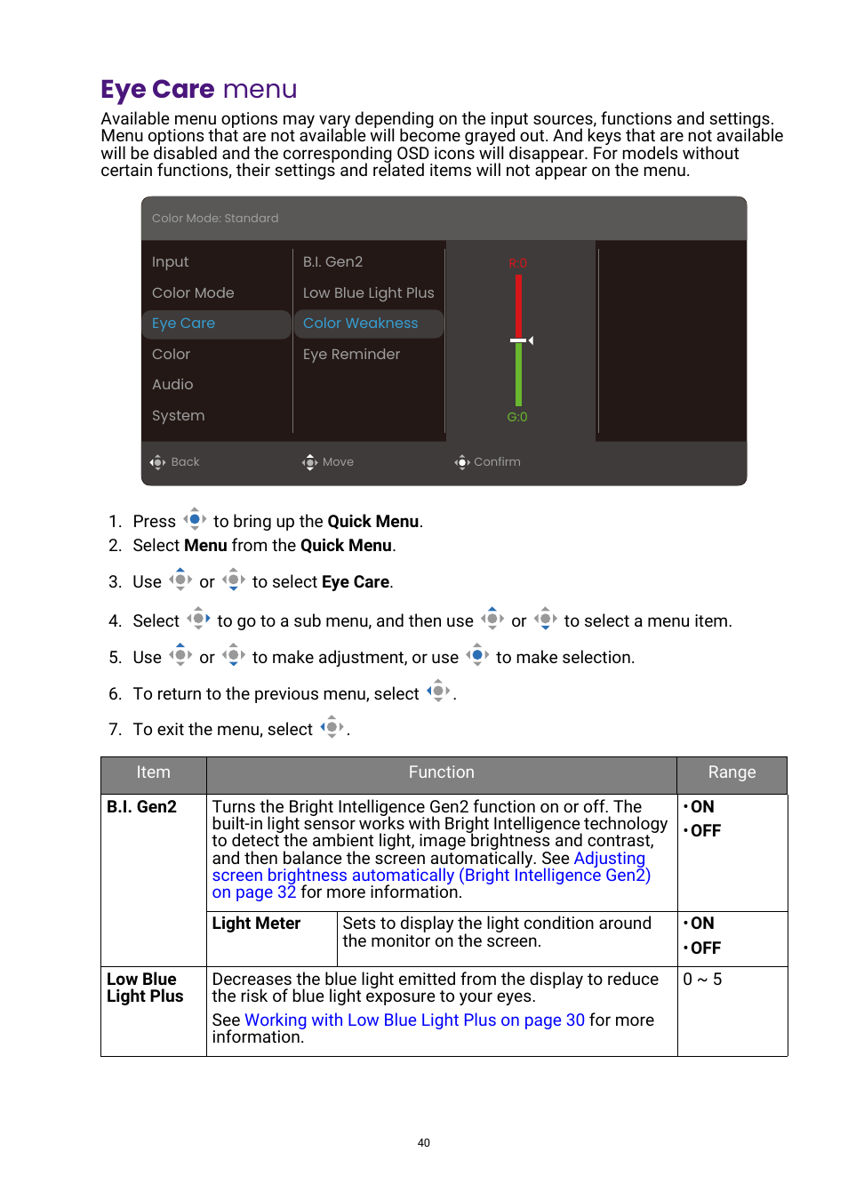 Eye care menu, Eye care, Menu | BenQ GW3290QT 31.5" 1440p Ergonomic Eye-Care Professional Monitor (White) User Manual | Page 40 / 53