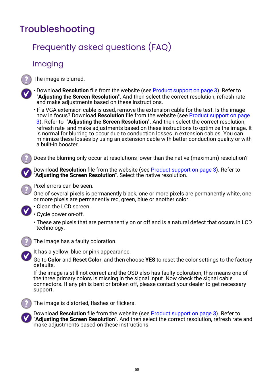 Troubleshooting, Frequently asked questions (faq), Imaging | BenQ GW3290QT 31.5" 1440p Ergonomic Eye-Care Professional Monitor (White) User Manual | Page 50 / 53