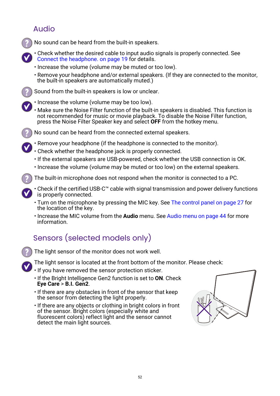 Audio sensors (selected models only) | BenQ GW3290QT 31.5" 1440p Ergonomic Eye-Care Professional Monitor (White) User Manual | Page 52 / 53