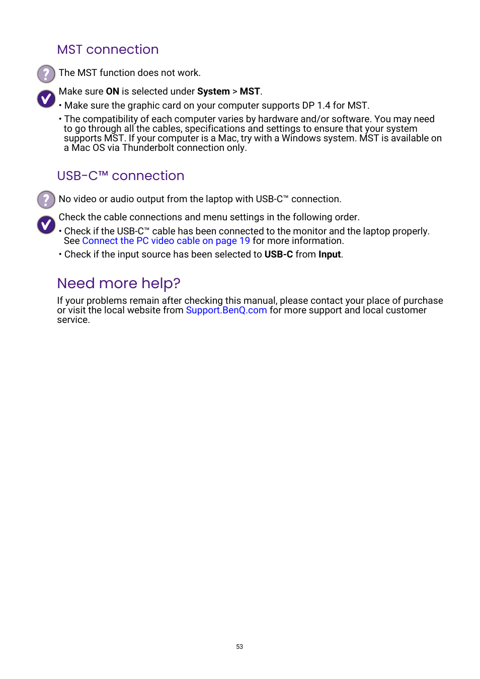 Need more help, Mst connection usb-c™ connection | BenQ GW3290QT 31.5" 1440p Ergonomic Eye-Care Professional Monitor (White) User Manual | Page 53 / 53