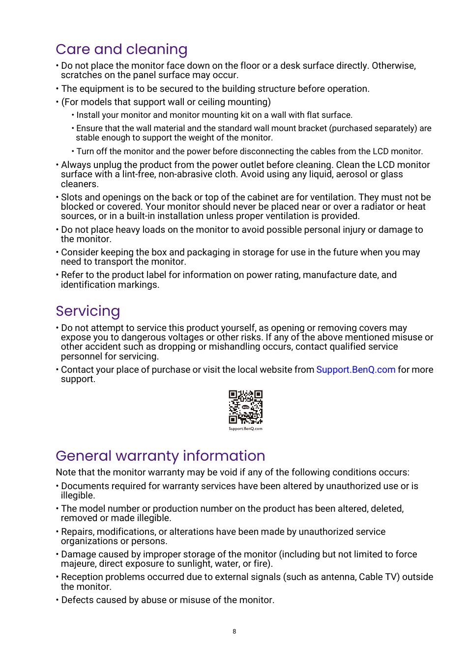 Care and cleaning, Servicing, General warranty information | BenQ GW3290QT 31.5" 1440p Ergonomic Eye-Care Professional Monitor (White) User Manual | Page 8 / 53