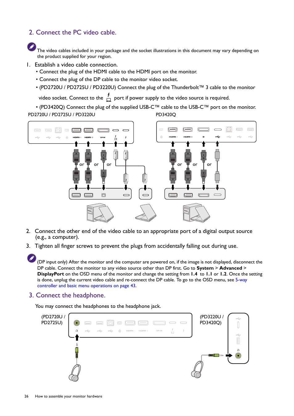 Connect the pc video cable, Connect the headphone, Establish a video cable connection | BenQ PD2725U DesignVue Designer 27" 16:9 HDR 4K IPS Monitor User Manual | Page 26 / 80