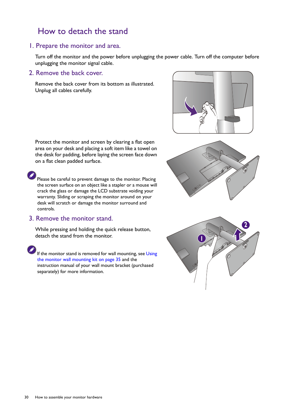 How to detach the stand, Prepare the monitor and area, Remove the back cover | Remove the monitor stand | BenQ PD2725U DesignVue Designer 27" 16:9 HDR 4K IPS Monitor User Manual | Page 30 / 80