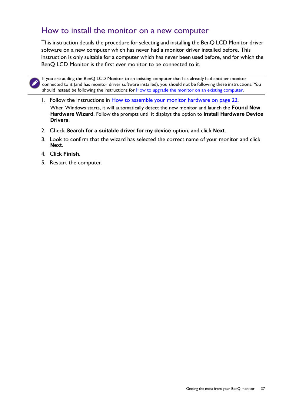 How to install the monitor on a new computer | BenQ PD2725U DesignVue Designer 27" 16:9 HDR 4K IPS Monitor User Manual | Page 37 / 80