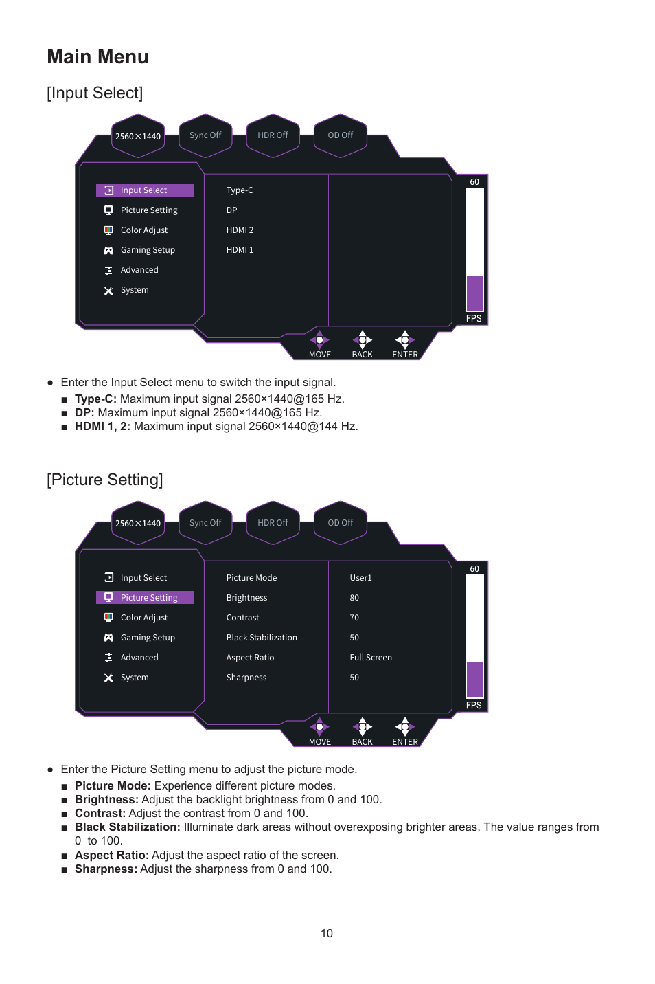 Main menu, Input select, Picture setting | Cooler Master GP27-FQS 27" 1440p HDR 165 Hz Monitor User Manual | Page 12 / 21