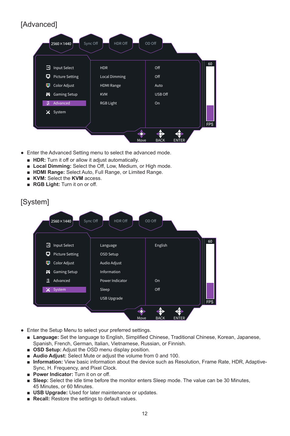 Advanced, System | Cooler Master GP27-FQS 27" 1440p HDR 165 Hz Monitor User Manual | Page 14 / 21