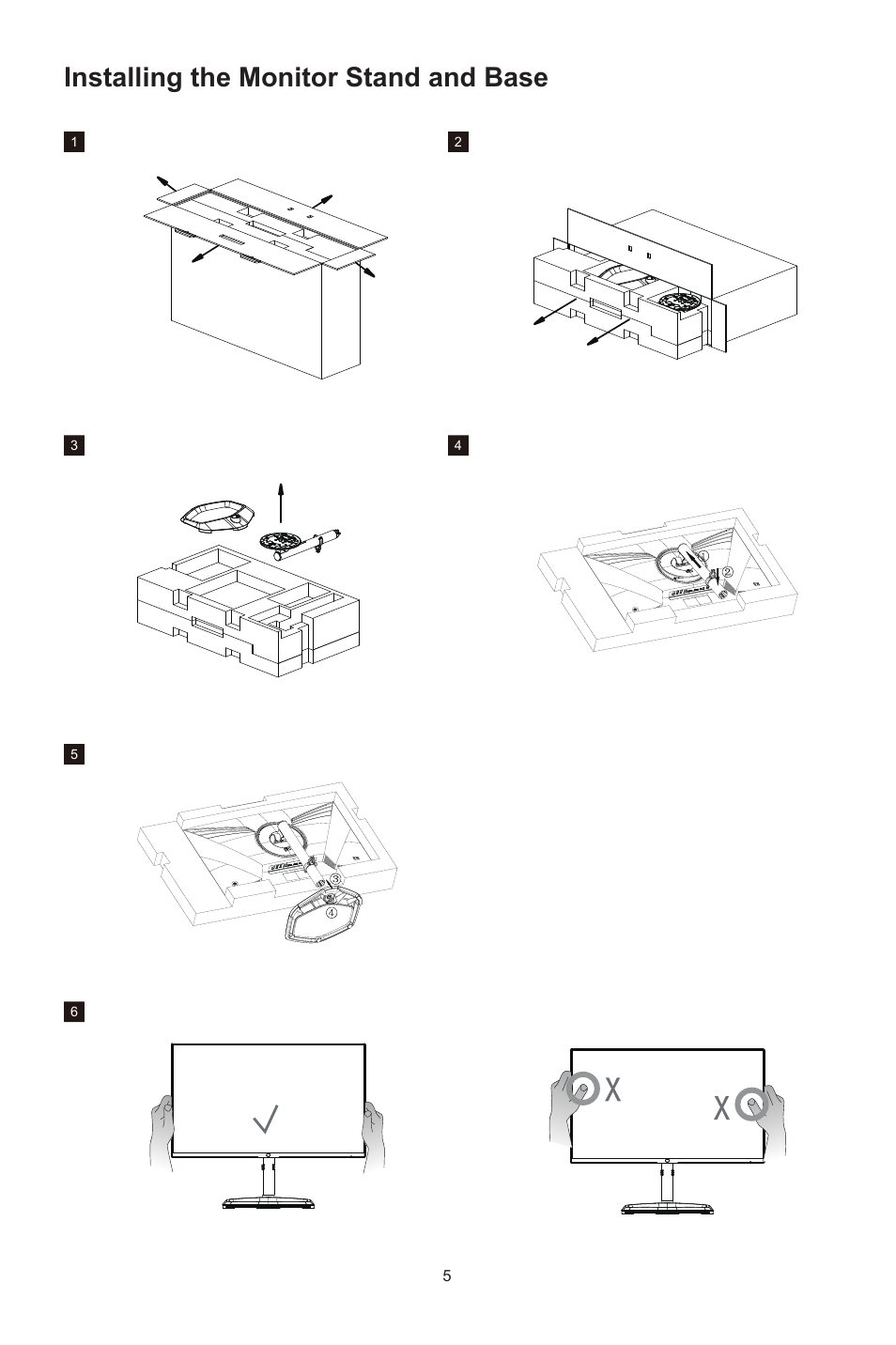 Installing the monitor stand and base | Cooler Master GP27-FQS 27" 1440p HDR 165 Hz Monitor User Manual | Page 7 / 21