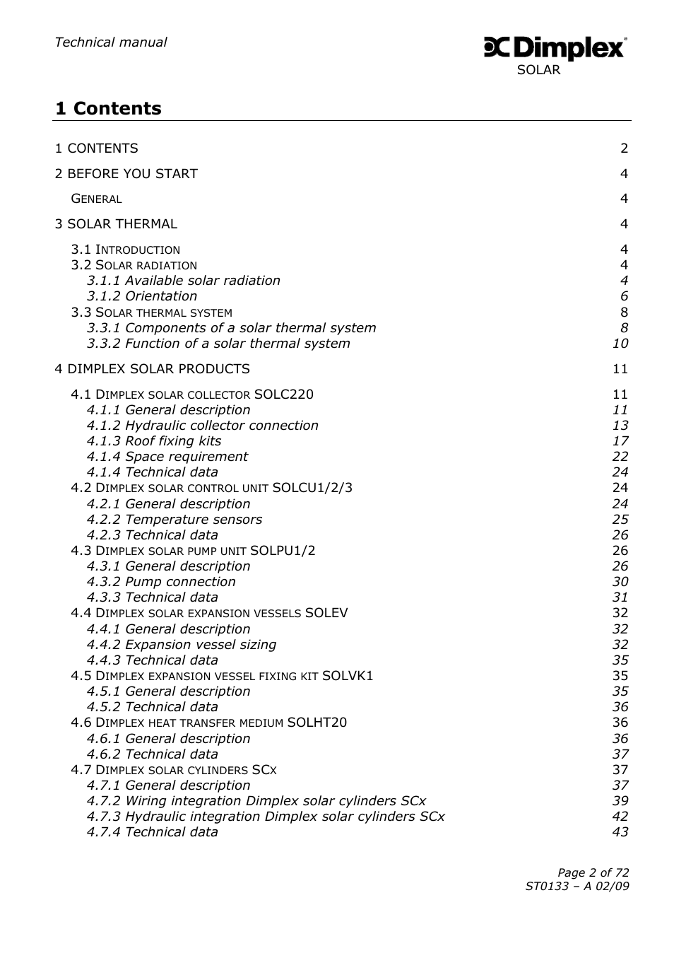 1 contents | Dimplex SOLAR ST0133 User Manual | Page 2 / 72