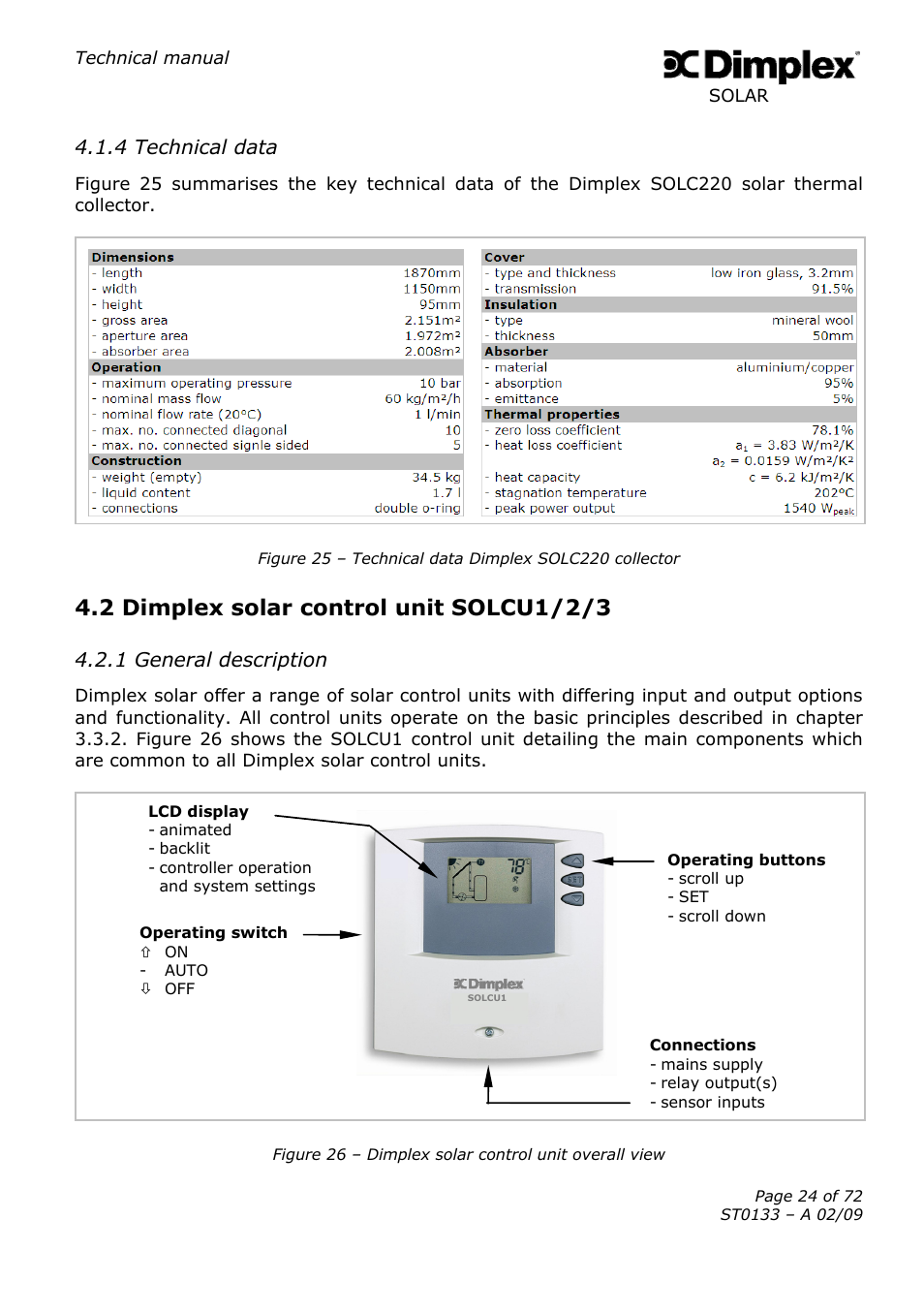 2 dimplex solar control unit solcu1/2/3, 4 technical data, 1 general description | Dimplex SOLAR ST0133 User Manual | Page 24 / 72