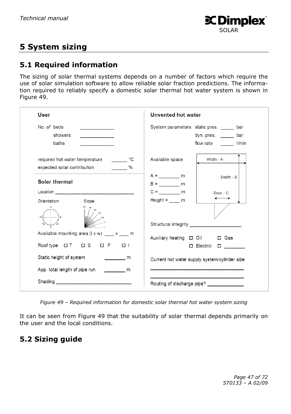 5 system sizing, 1 required information, 2 sizing guide | Dimplex SOLAR ST0133 User Manual | Page 47 / 72