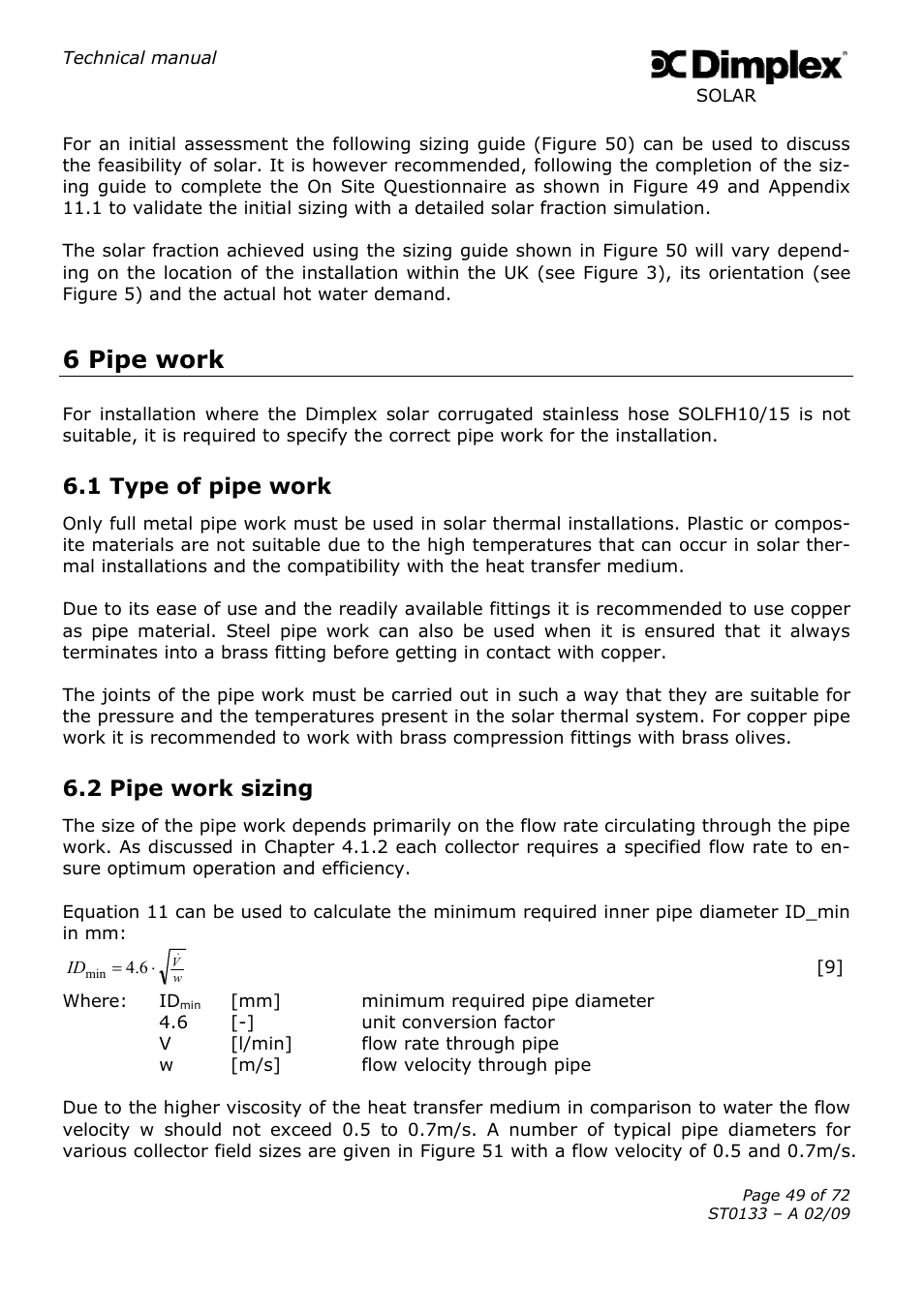 6 pipe work, 1 type of pipe work, 2 pipe work sizing | Dimplex SOLAR ST0133 User Manual | Page 49 / 72