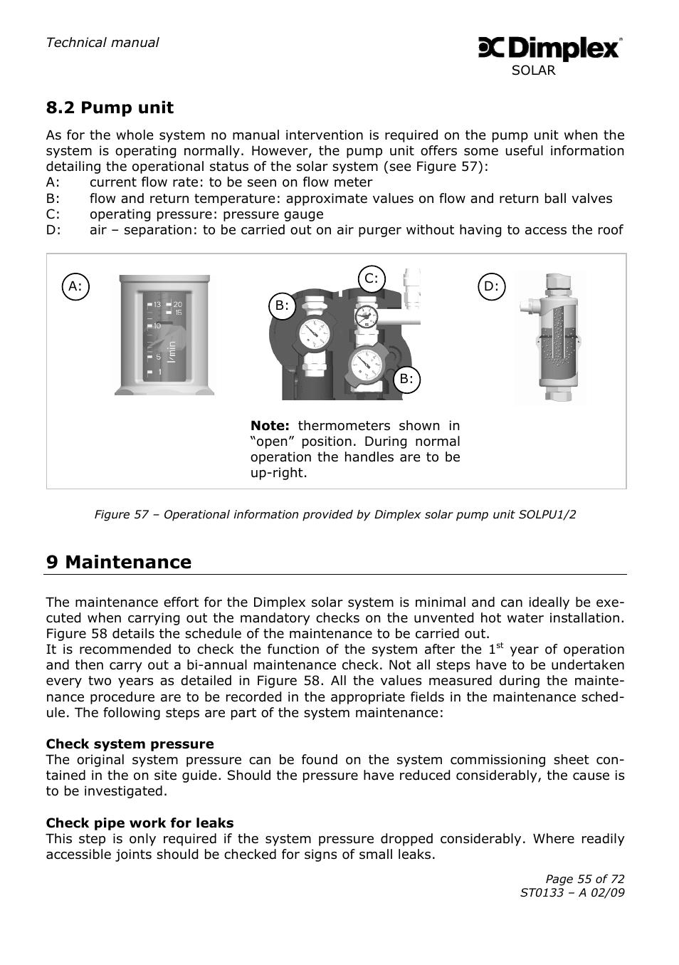 9 maintenance, 2 pump unit | Dimplex SOLAR ST0133 User Manual | Page 55 / 72