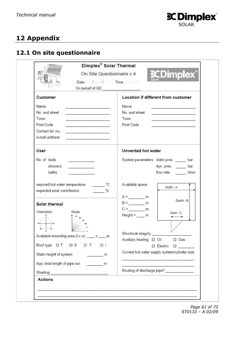 12 appendix, 1 on site questionnaire | Dimplex SOLAR ST0133 User Manual | Page 61 / 72