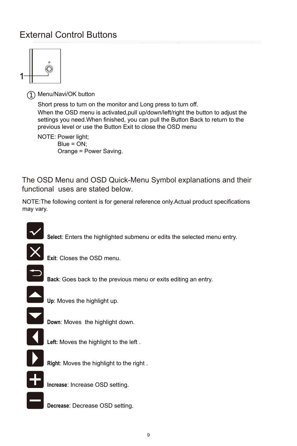 External control buttons | Cooler Master GM27-CFX 27" HDR 240 Hz Curved Monitor User Manual | Page 11 / 19