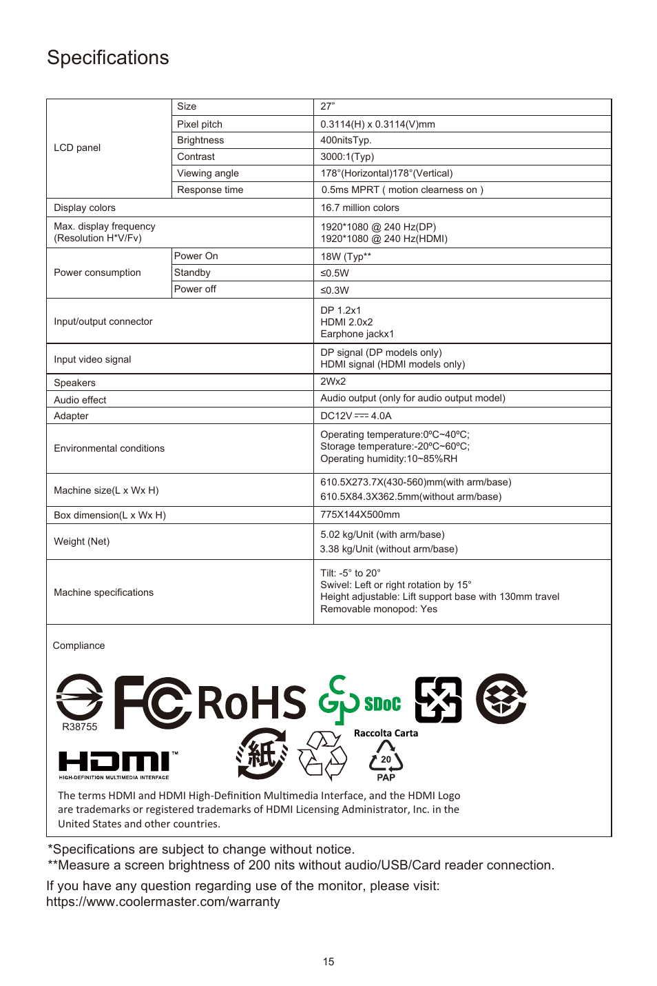 Specifications | Cooler Master GM27-CFX 27" HDR 240 Hz Curved Monitor User Manual | Page 17 / 19