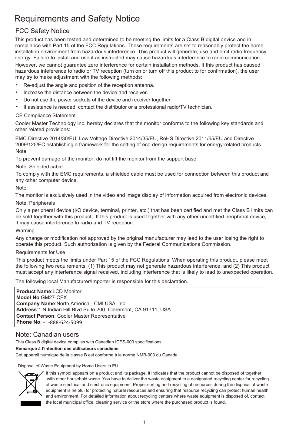 Requirements and safety notice, Fcc safety notice | Cooler Master GM27-CFX 27" HDR 240 Hz Curved Monitor User Manual | Page 3 / 19