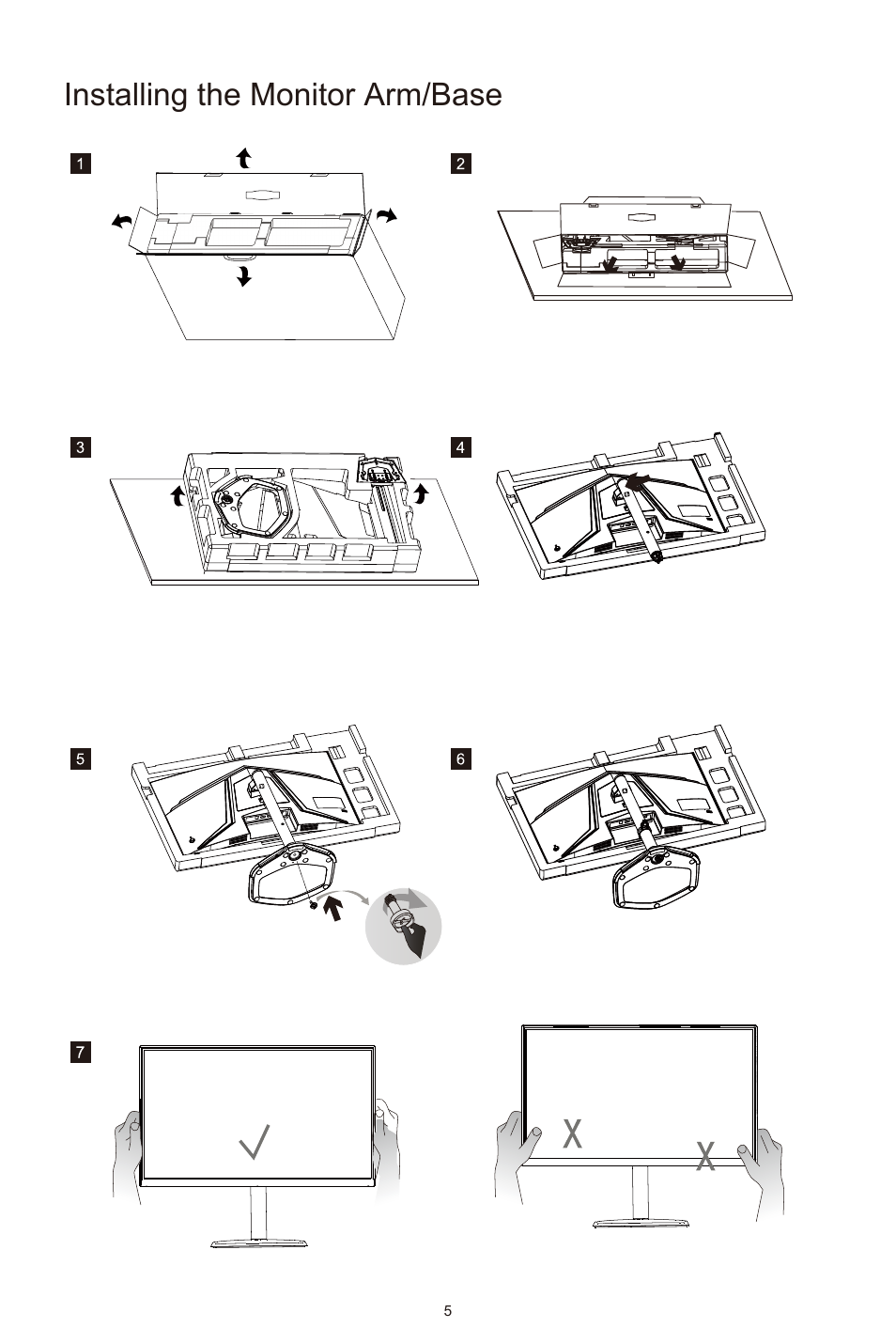 Installing the monitor arm/base | Cooler Master GM27-CFX 27" HDR 240 Hz Curved Monitor User Manual | Page 7 / 19