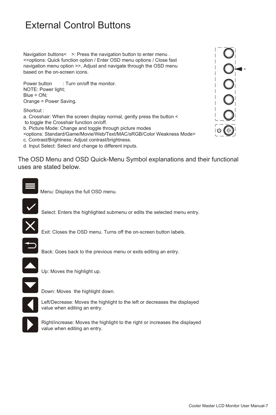 External control buttons | Cooler Master GM27-FQS ARGB 27" 1440p 165Hz Gaming Monitor User Manual | Page 10 / 24