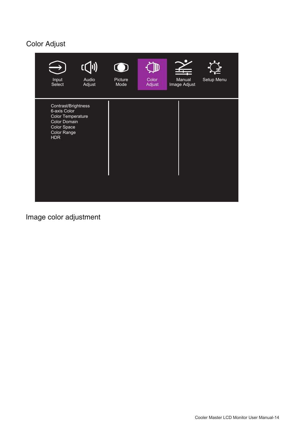 Color adjust image color adjustment | Cooler Master GM27-FQS ARGB 27" 1440p 165Hz Gaming Monitor User Manual | Page 17 / 24