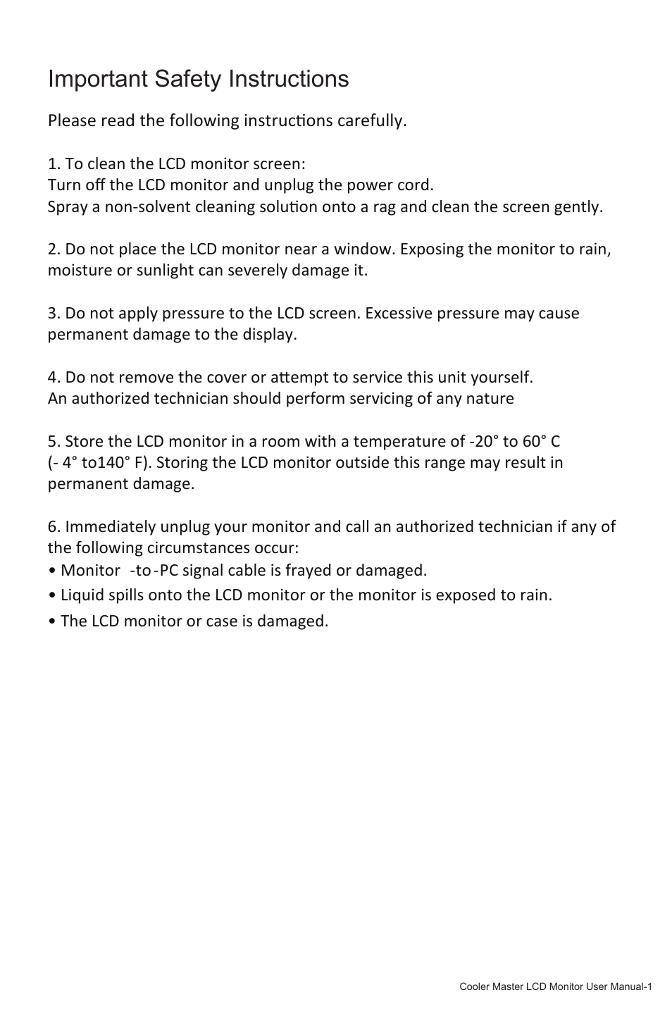 Important safety instructions | Cooler Master GM27-FQS ARGB 27" 1440p 165Hz Gaming Monitor User Manual | Page 4 / 24
