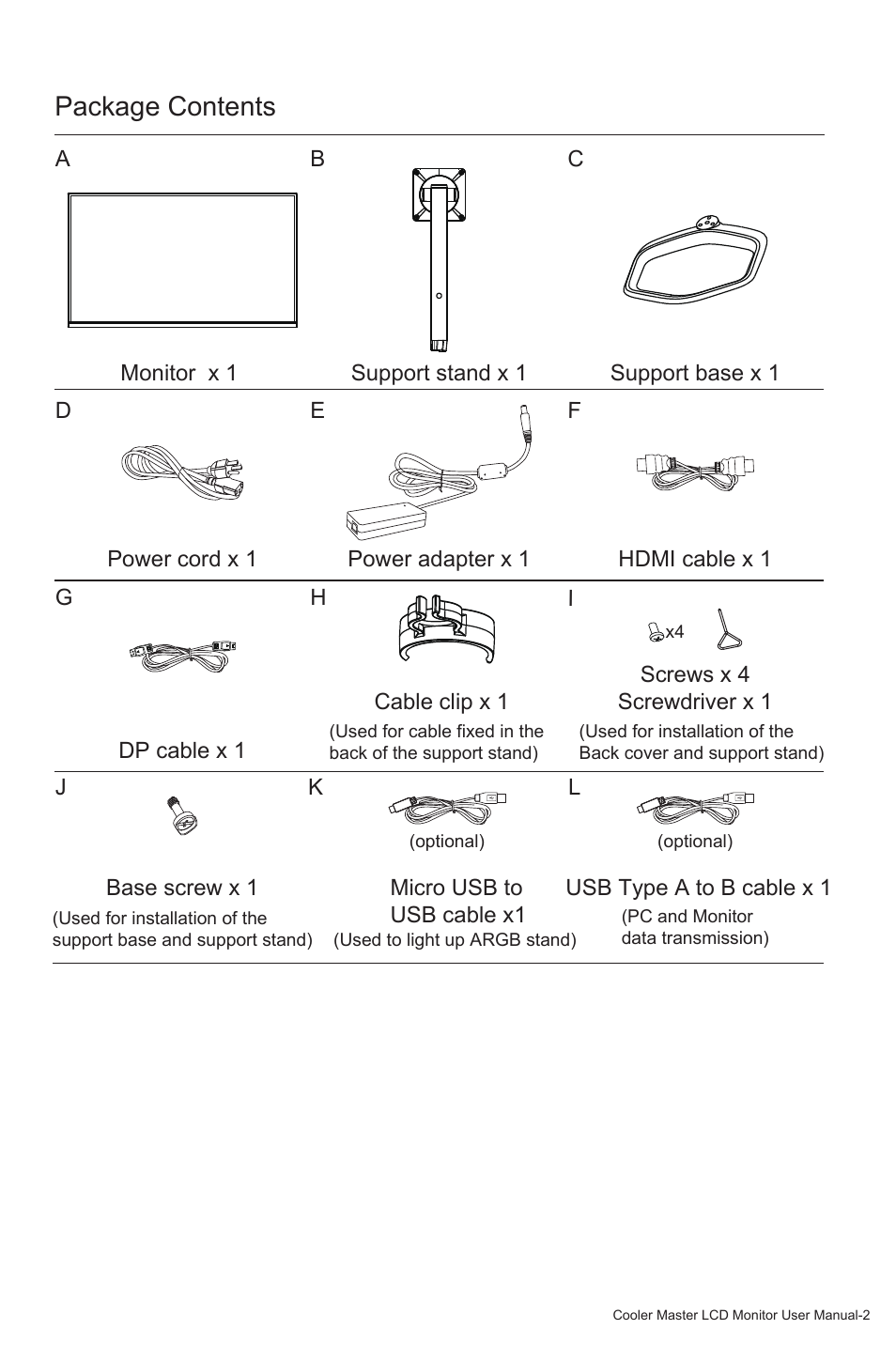 Package contents | Cooler Master GM27-FQS ARGB 27" 1440p 165Hz Gaming Monitor User Manual | Page 5 / 24