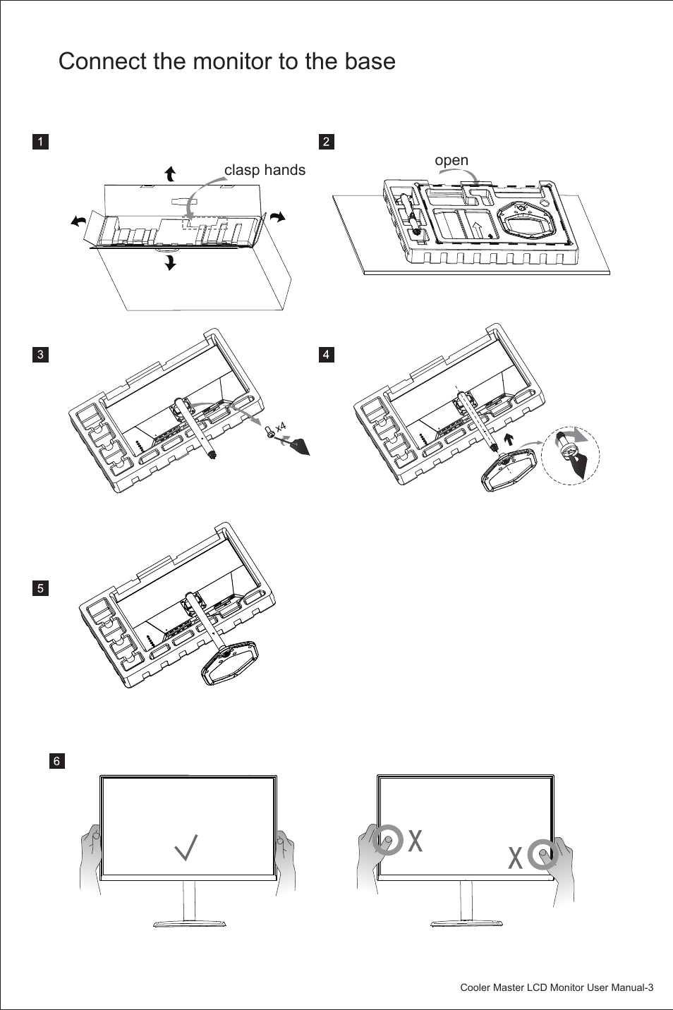 Connect the monitor to the base | Cooler Master GM27-FQS ARGB 27" 1440p 165Hz Gaming Monitor User Manual | Page 6 / 24