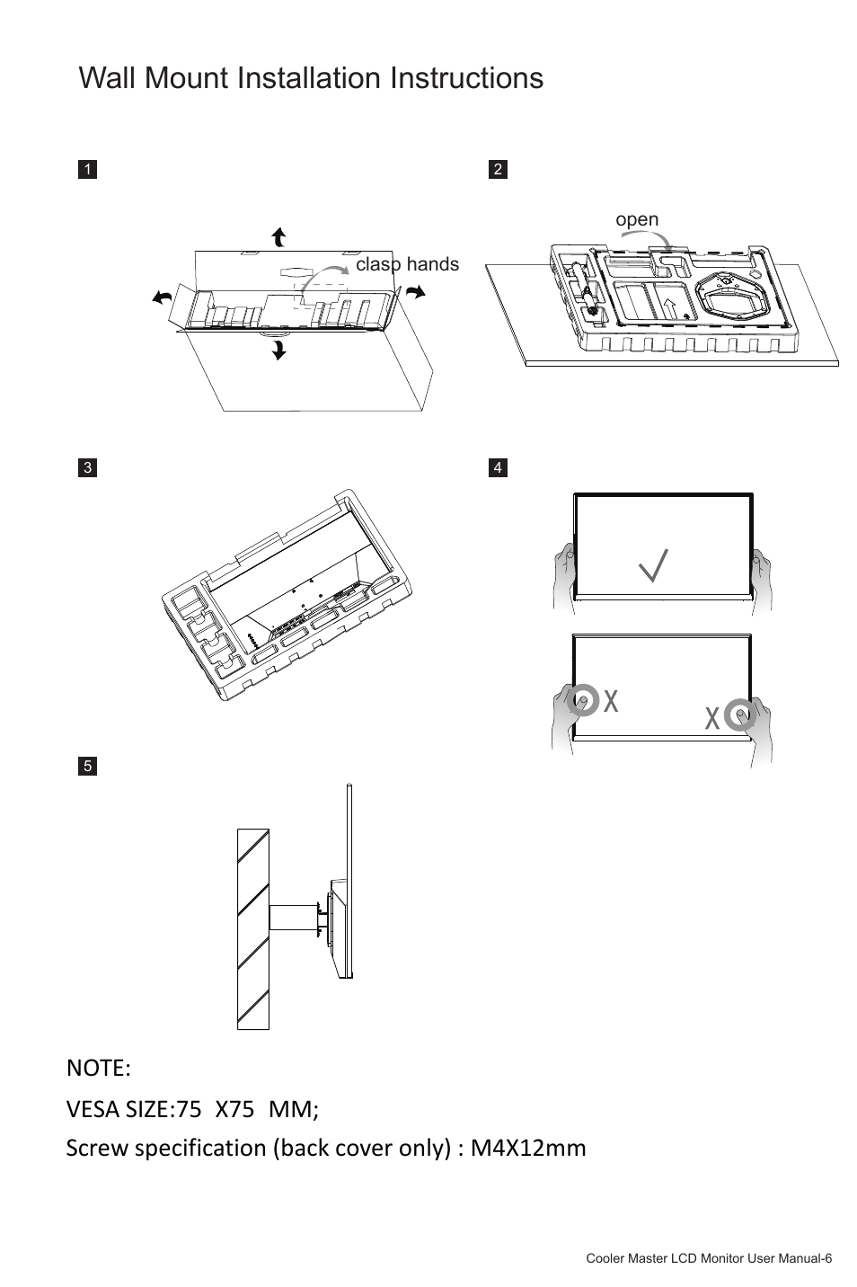 Wall mount installation instructions | Cooler Master GM27-FQS ARGB 27" 1440p 165Hz Gaming Monitor User Manual | Page 9 / 24
