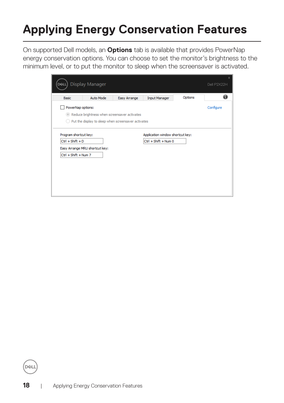 Applying energy conservation features | Dell P2222H 21.5" 16:9 IPS Monitor User Manual | Page 18 / 21