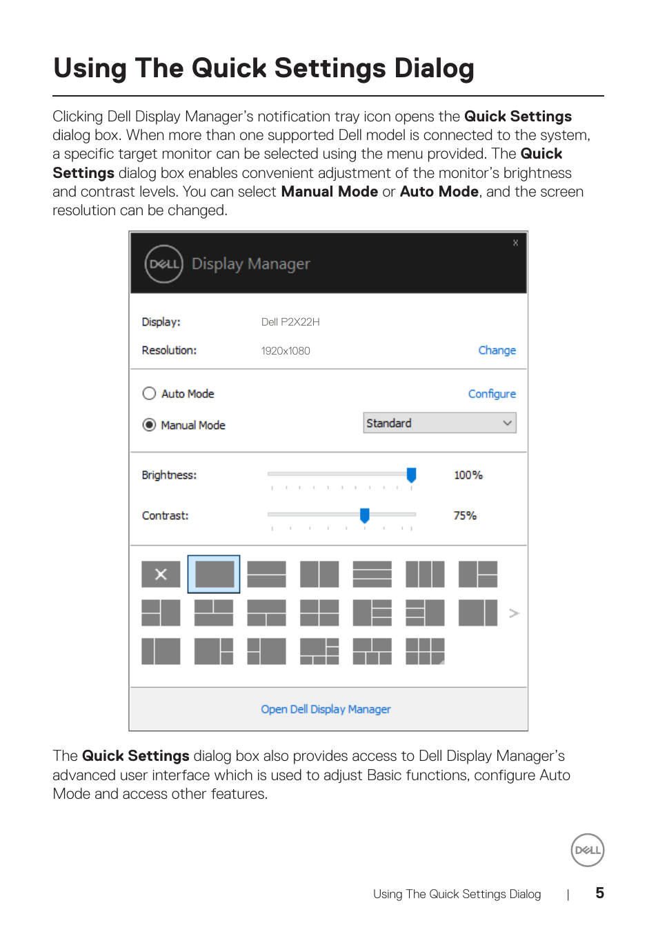 Using the quick settings dialog | Dell P2222H 21.5" 16:9 IPS Monitor User Manual | Page 5 / 21