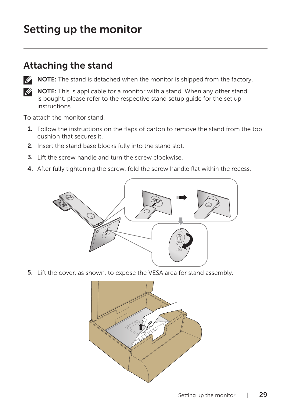 Setting up the monitor, Attaching the stand | Dell P1917S 19" 5:4 IPS Monitor User Manual | Page 29 / 65