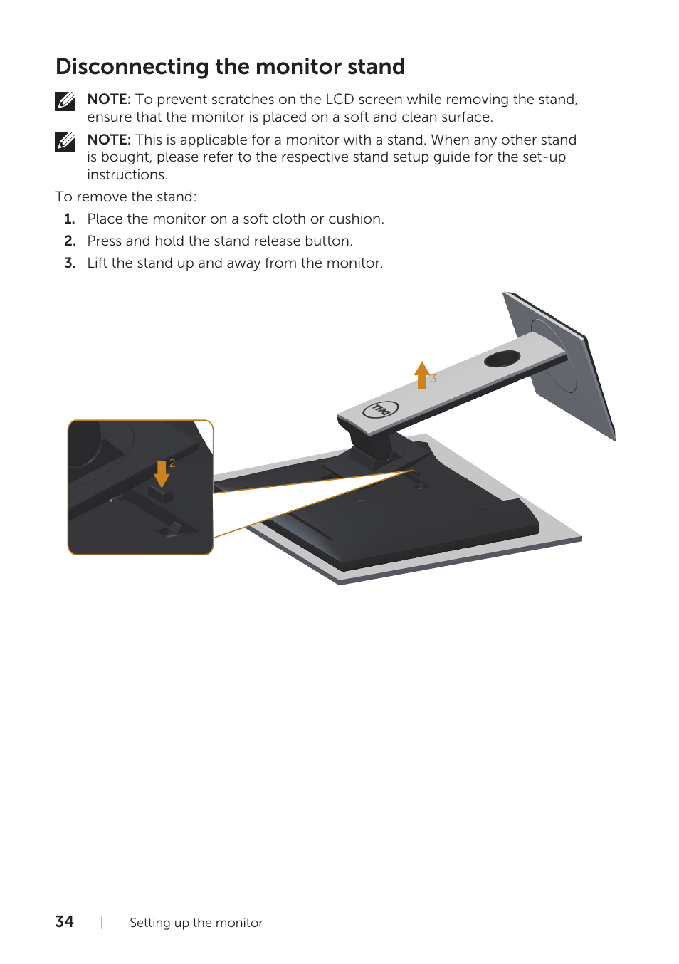Disconnecting the monitor stand | Dell P1917S 19" 5:4 IPS Monitor User Manual | Page 34 / 65