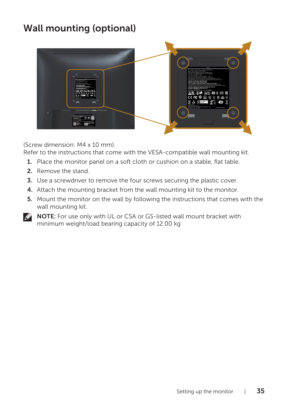 Wall mounting (optional), Setting up the monitor | Dell P1917S 19" 5:4 IPS Monitor User Manual | Page 35 / 65