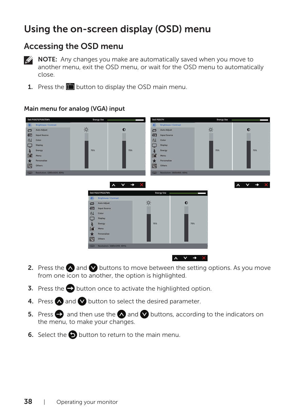 Using the on-screen display (osd) menu, Accessing the osd menu, Operating your monitor | Dell P1917S 19" 5:4 IPS Monitor User Manual | Page 38 / 65