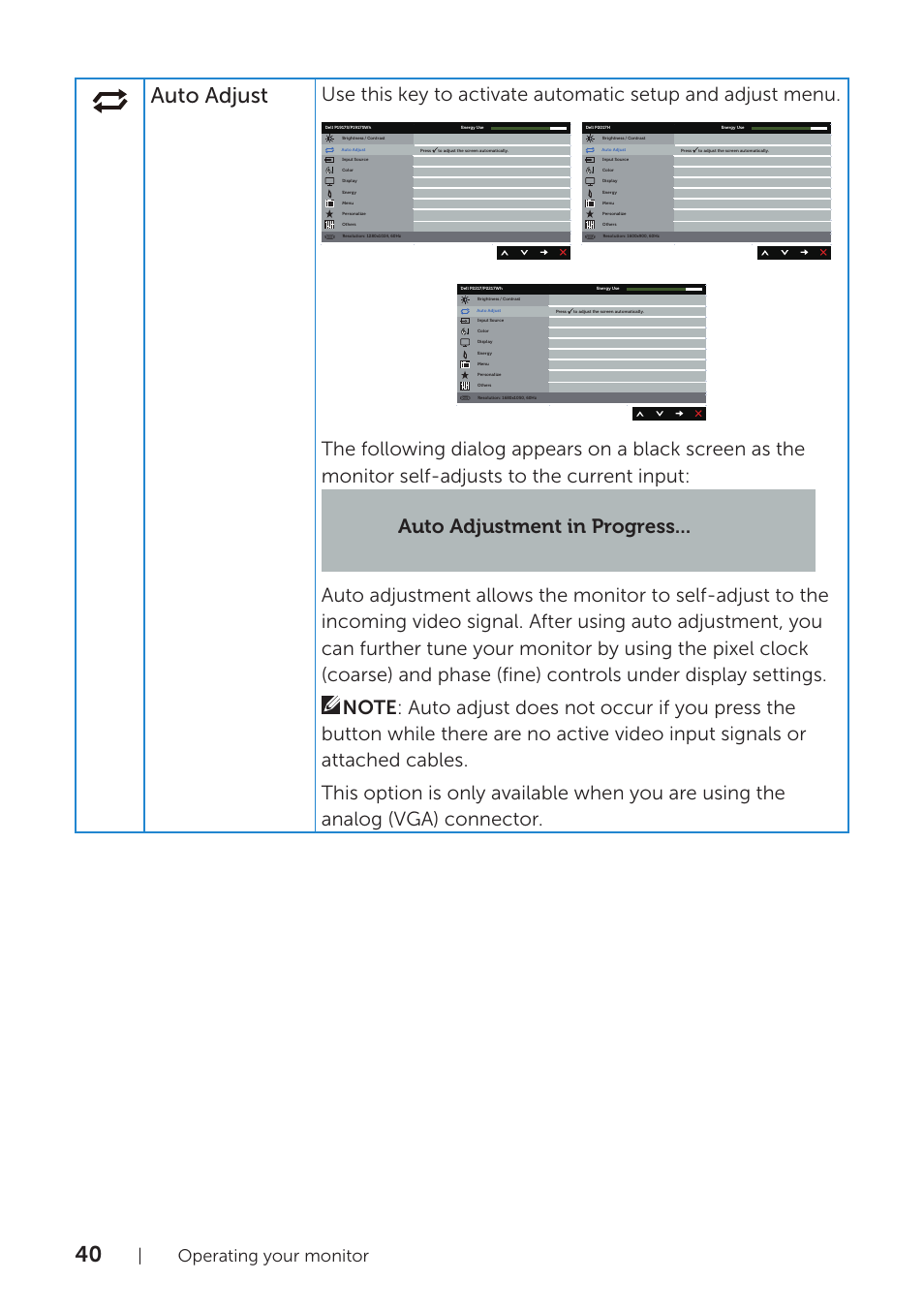 Auto adjust, Operating your monitor | Dell P1917S 19" 5:4 IPS Monitor User Manual | Page 40 / 65