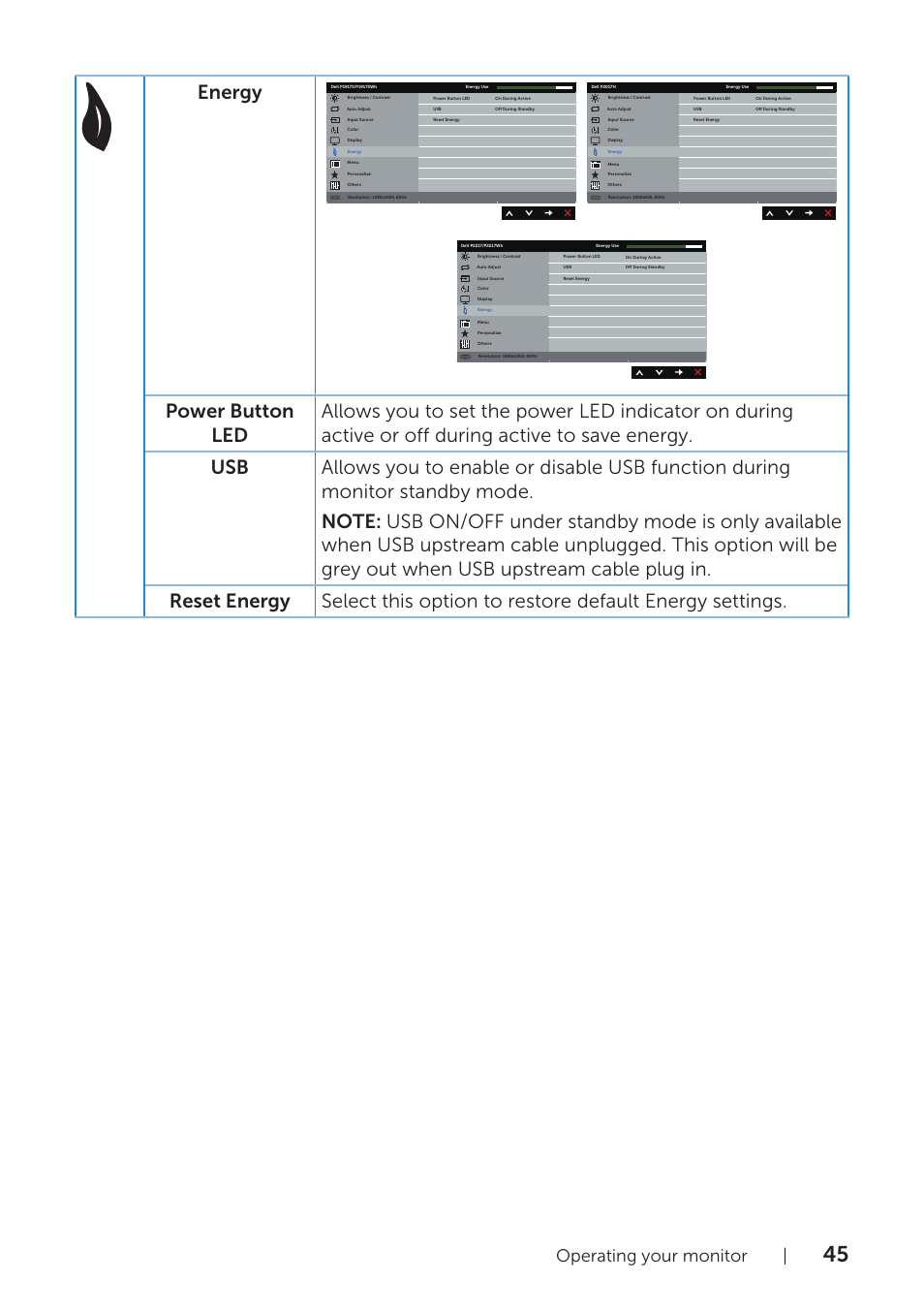 Energy, Operating your monitor | Dell P1917S 19" 5:4 IPS Monitor User Manual | Page 45 / 65