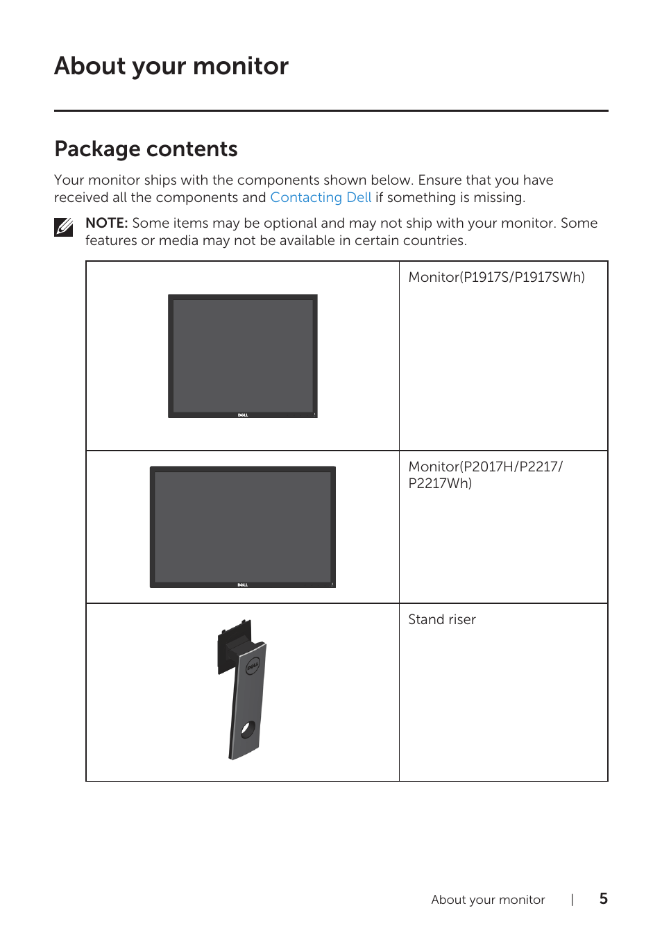 About your monitor, Package contents | Dell P1917S 19" 5:4 IPS Monitor User Manual | Page 5 / 65
