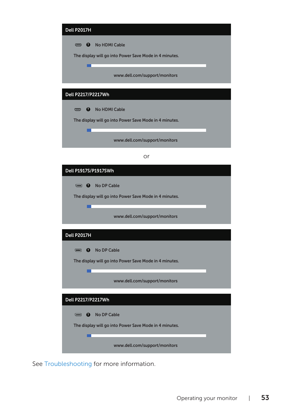See troubleshooting for more information | Dell P1917S 19" 5:4 IPS Monitor User Manual | Page 53 / 65