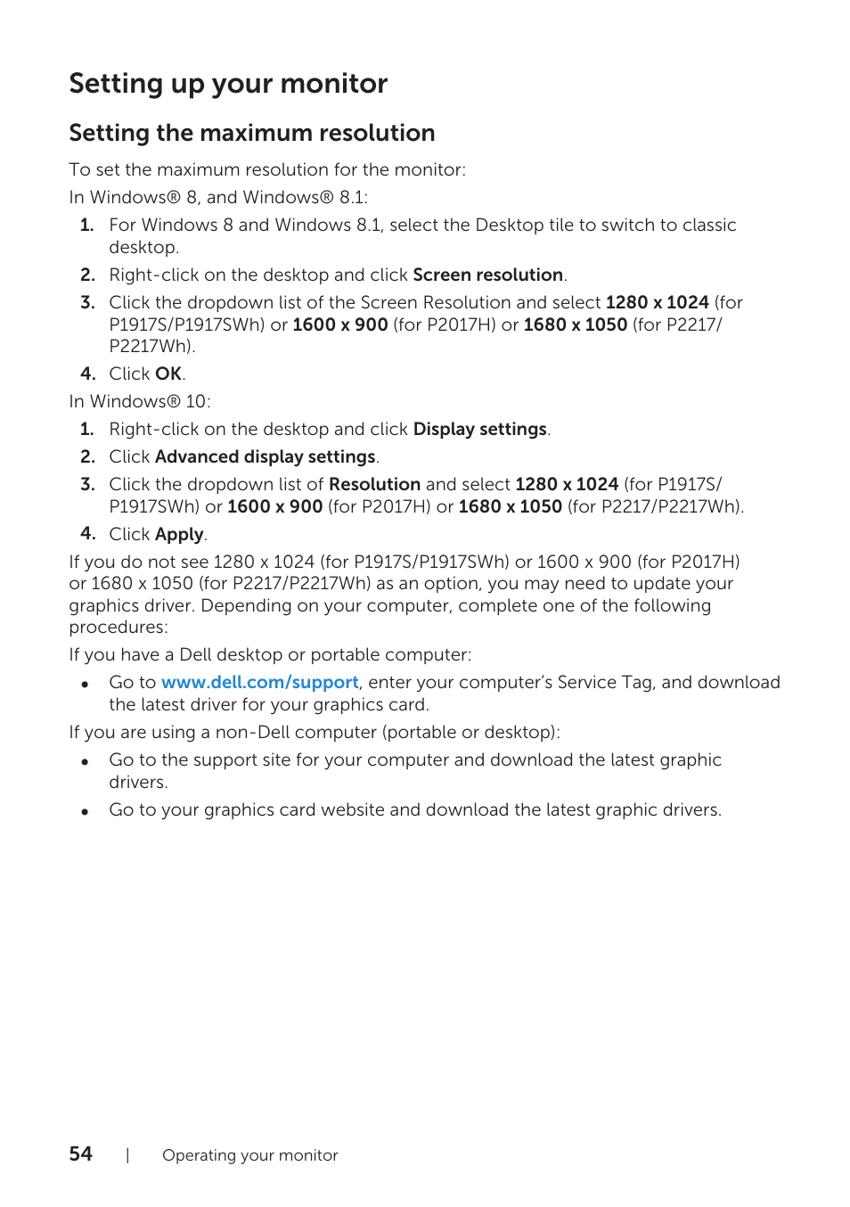 Setting up your monitor, Setting the maximum resolution | Dell P1917S 19" 5:4 IPS Monitor User Manual | Page 54 / 65