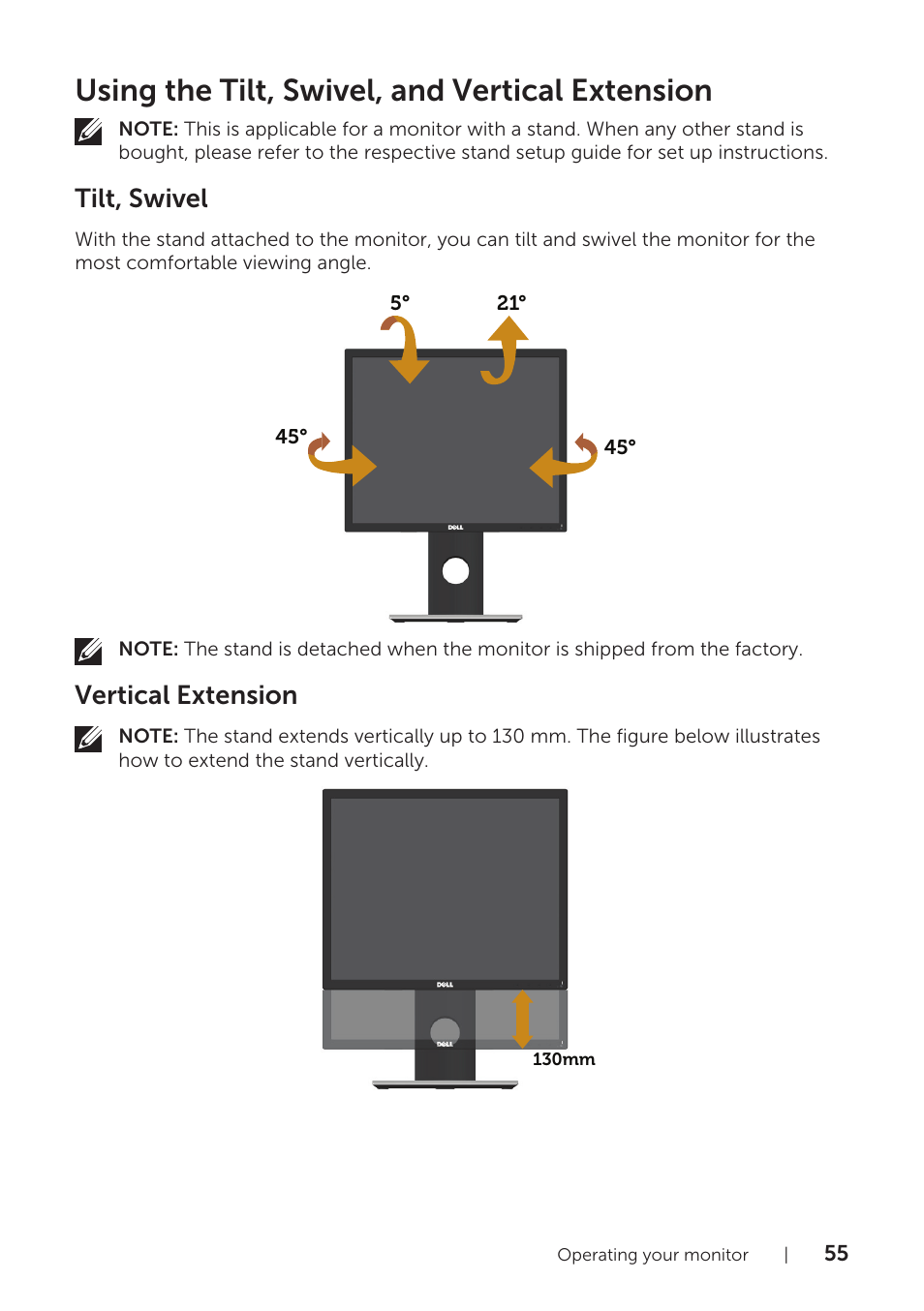 Using the tilt, swivel, and vertical extension, Tilt, swivel, Vertical extension | Dell P1917S 19" 5:4 IPS Monitor User Manual | Page 55 / 65