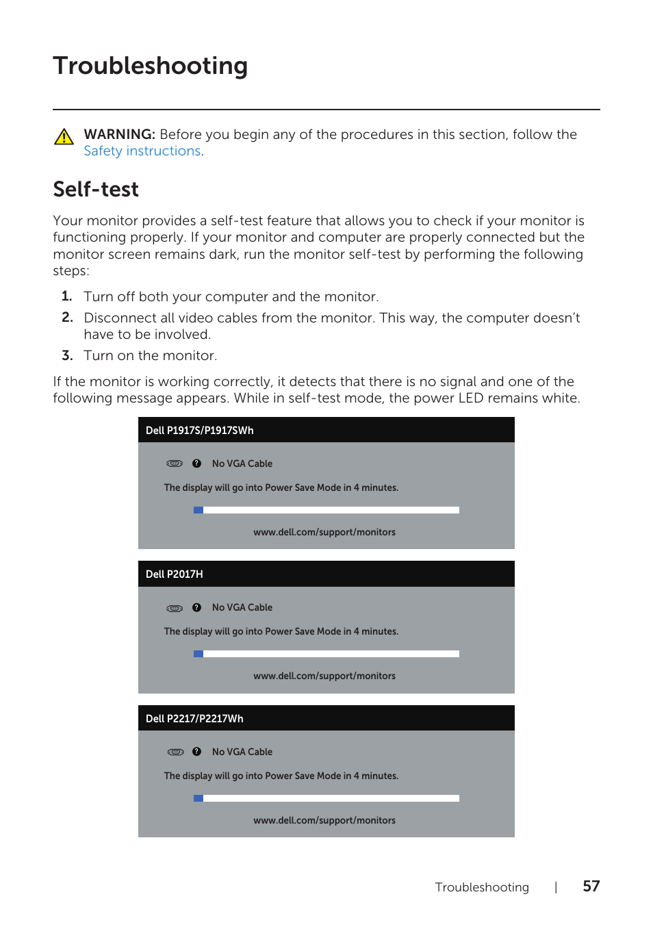 Troubleshooting, Self-test | Dell P1917S 19" 5:4 IPS Monitor User Manual | Page 57 / 65