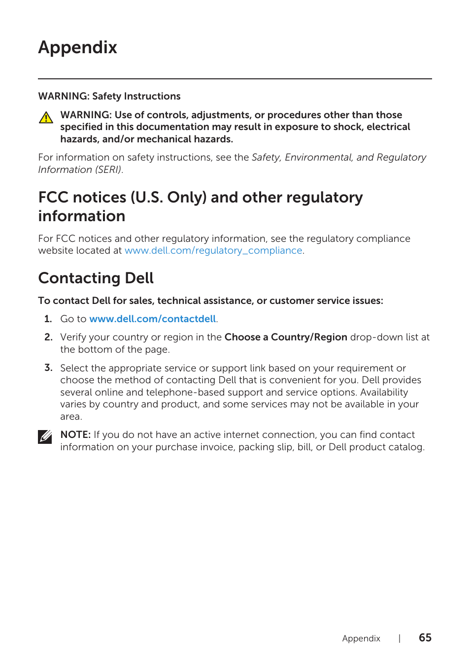 Appendix, Contacting dell | Dell P1917S 19" 5:4 IPS Monitor User Manual | Page 65 / 65