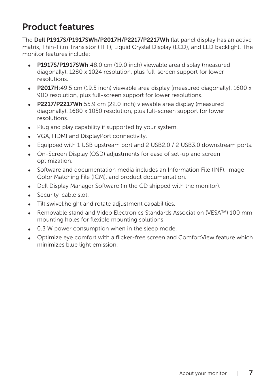 Product features | Dell P1917S 19" 5:4 IPS Monitor User Manual | Page 7 / 65