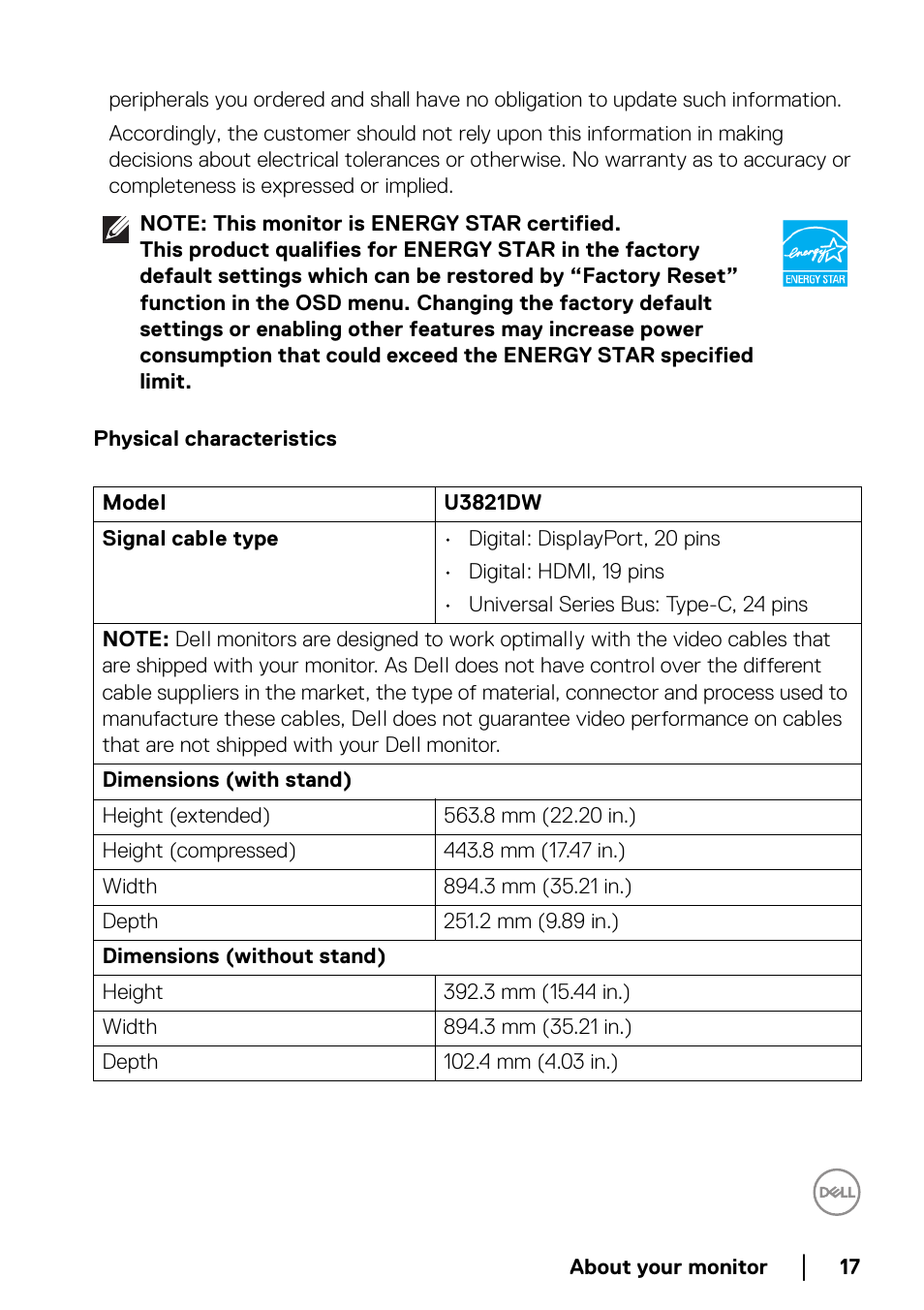 Physical characteristics | Dell U3821DW 37.5" 21:9 Curved IPS Monitor (Silver) User Manual | Page 17 / 81