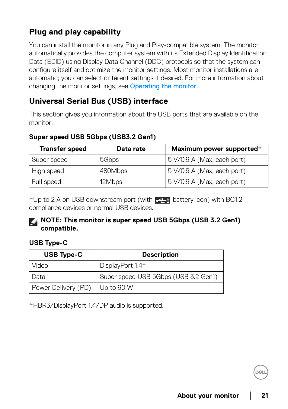 Plug and play capability, Universal serial bus (usb) interface, Super speed usb 5gbps (usb3.2 gen1) | Usb type-c | Dell U3821DW 37.5" 21:9 Curved IPS Monitor (Silver) User Manual | Page 21 / 81